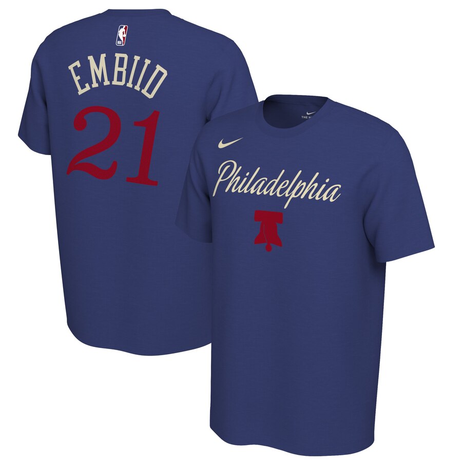 Men 2020 NBA Nike Joel Embiid Philadelphia 76ers Royal 201920 Earned Edition Name  Number TShirt